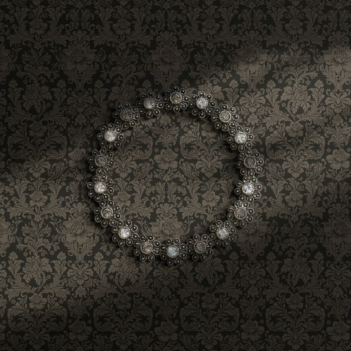 Dark moody brown damask wallpaper.