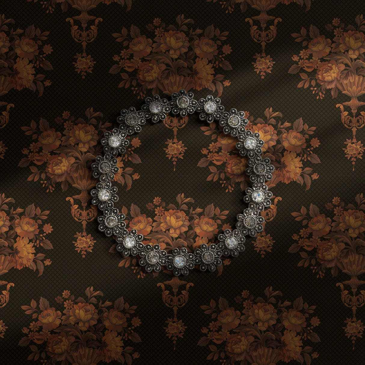 Dark moody brown floral wallpaper.