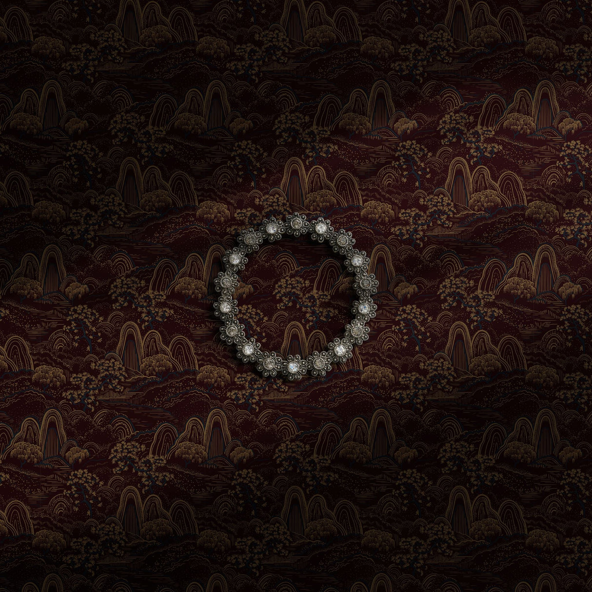A dark and moody red Asian scenic botanical wallpaper.