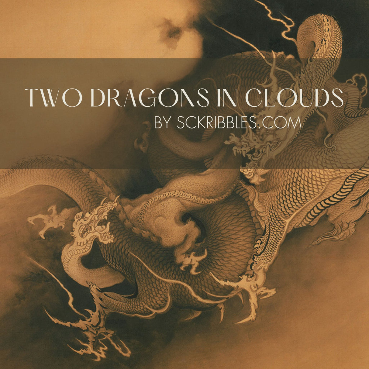 Moody Mythical Brown Japanese Wallpaper Mural {Two Dragons in Clouds} Wallpaper Mural Sckribbles