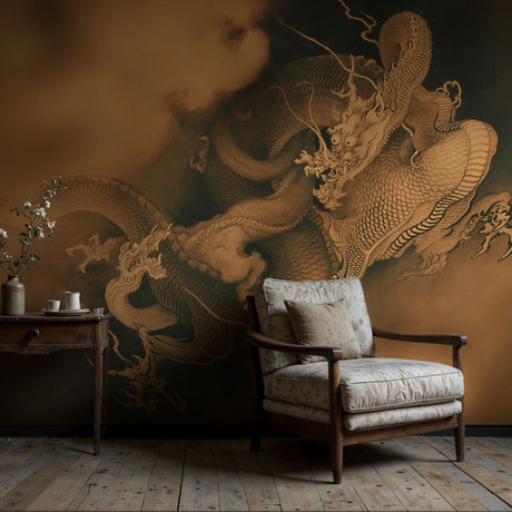 Moody Mythical Brown Japanese Wallpaper Mural {Two Dragons in Clouds} Wallpaper Mural Sckribbles