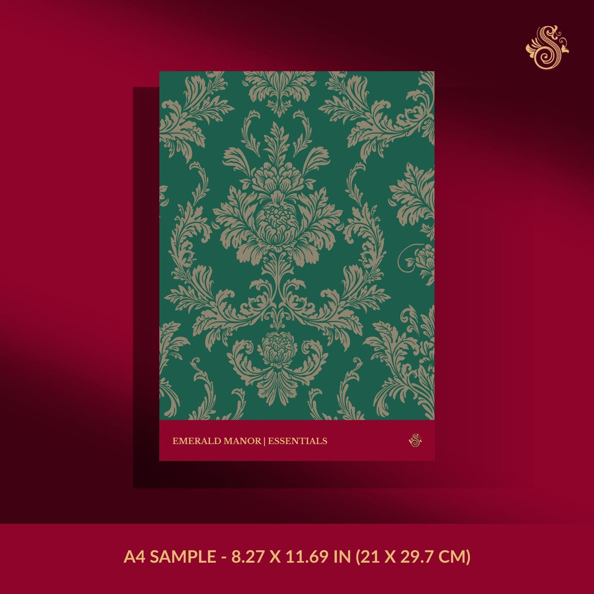 Emerald green damask wallpaper sample.