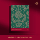 Emerald green damask wallpaper sample.