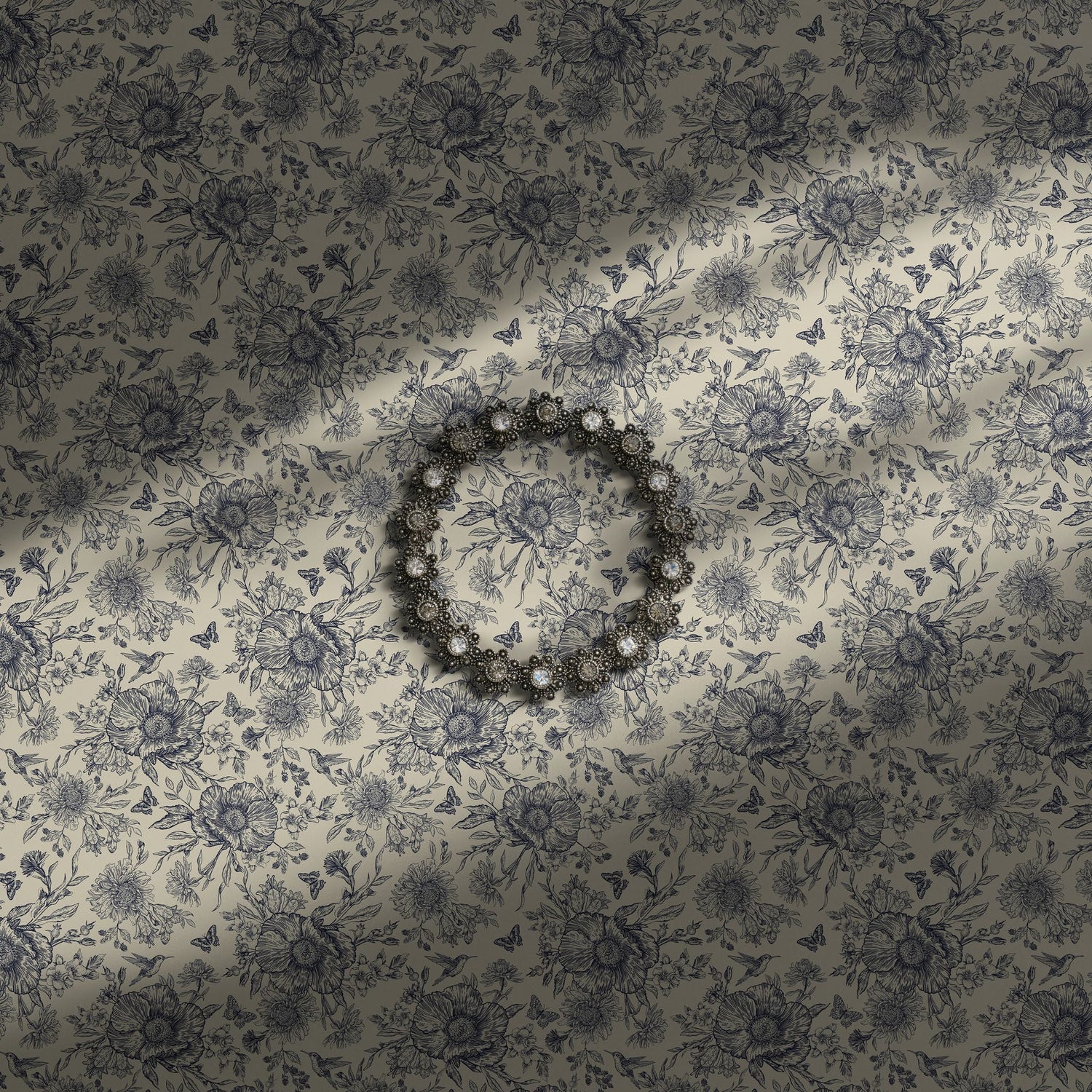 Feminine cream and blue floral wallpaper with birds, berries, and butterflies.