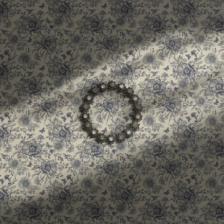 Feminine cream and blue floral wallpaper with birds, berries, and butterflies.