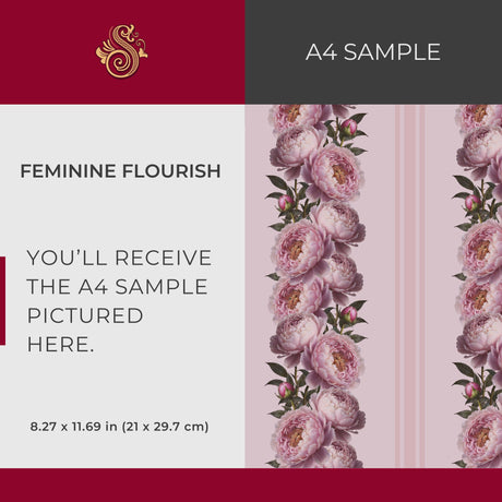 Feminine Flourish | Pink Striped Coquette Floral Peony Wallpaper Wallpaper Sckribbles Signature - Premium Non-Woven A4 Sample - 8.3 × 11.7 in (21 × 29.7 cm)