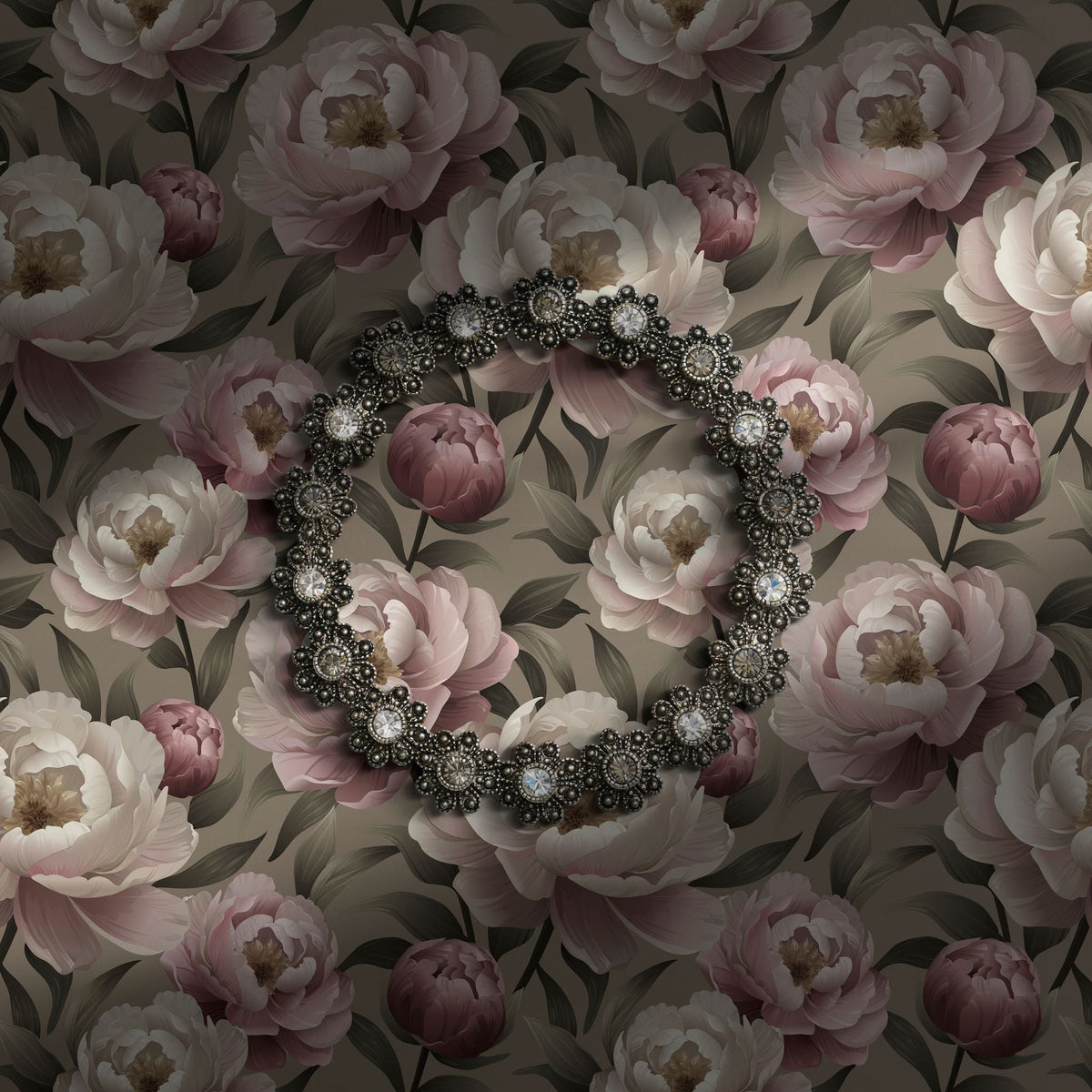 Feminine pink peony floral wallpaper on a light green background.