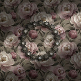 Feminine pink peony floral wallpaper on a light green background.