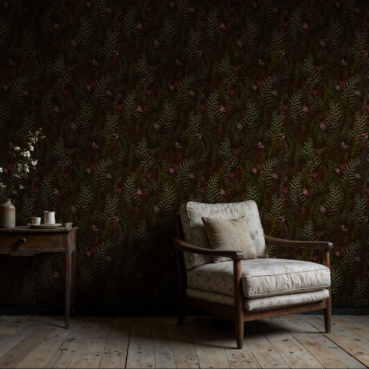 Green Dark Moody Butterfly Botanical Wallpaper {Fern & Flutter} Wallpaper Sckribbles   