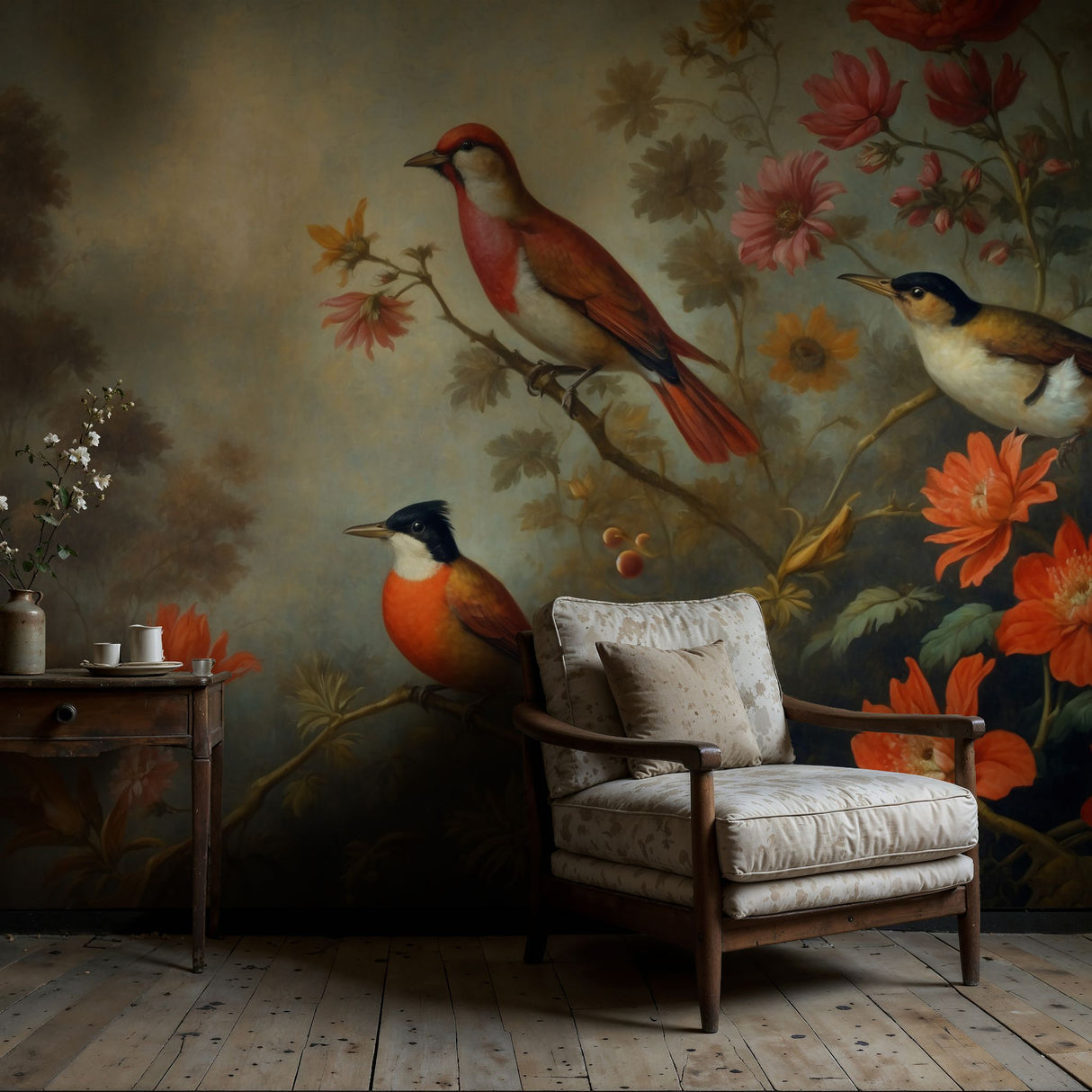 Floral Scenery Landscape w/ Birds Wallpaper Mural {Feathered Fresco} Wallpaper Sckribbles   