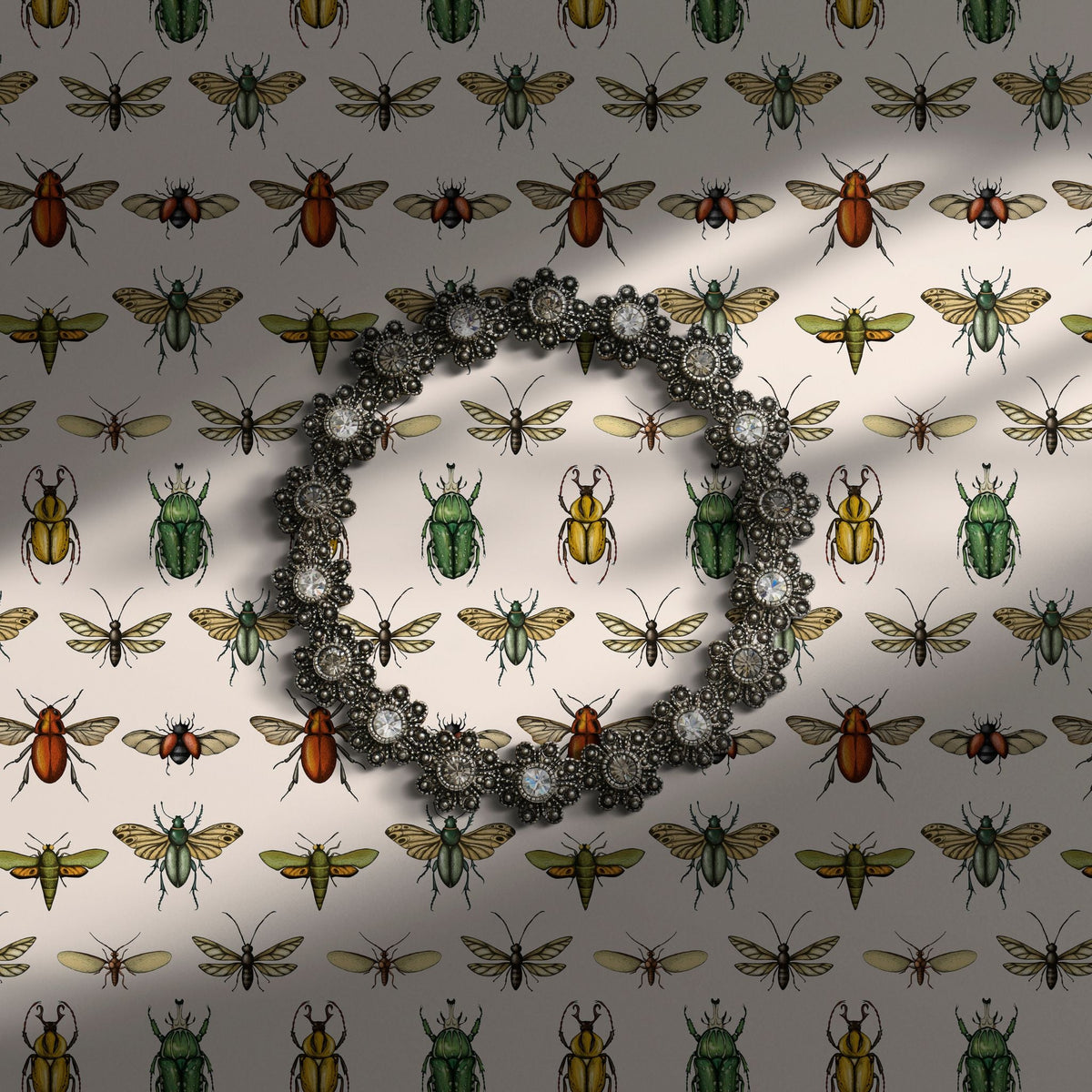 Fun insect wallpaper on a light cream background.