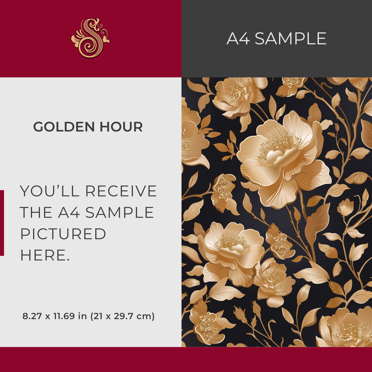 Eden Elegance | Gold Floral Luxury Chinoiserie Wallpaper Wallpaper Sckribbles Signature - Premium Non-Woven A4 Sample - 8.3 × 11.7 in (21 × 29.7 cm) Golden Hour