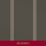 Gray wallpaper with pink and white spotted stripes.