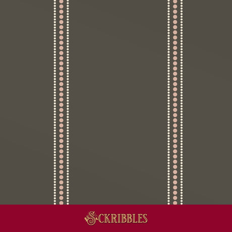 Gray wallpaper with pink and white spotted stripes.