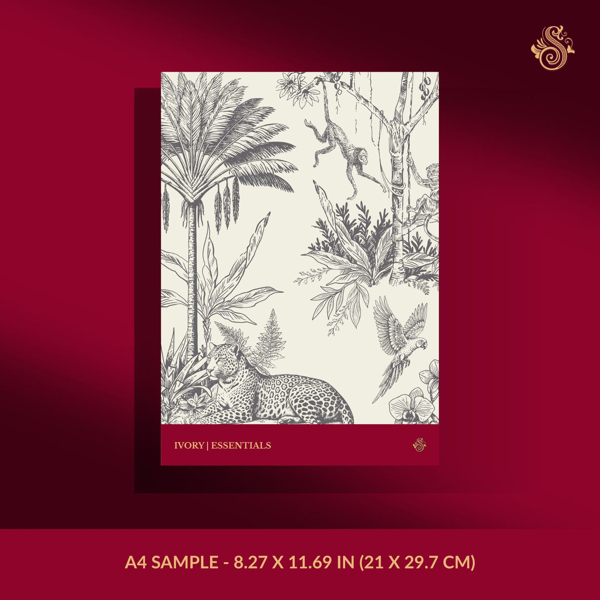 Gray and white tropical palm tree toile wallpaper sample.