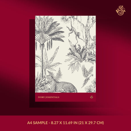 Gray and white tropical palm tree toile wallpaper sample.