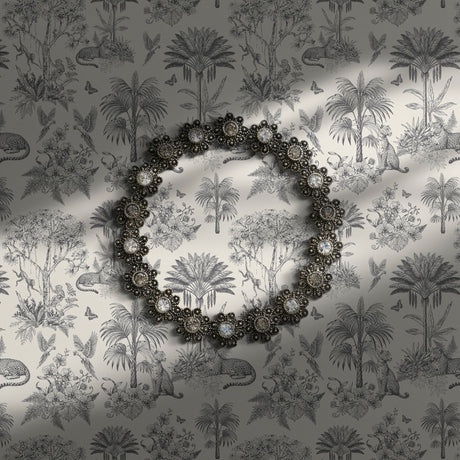 Gray and white tropical toile wallpaper.