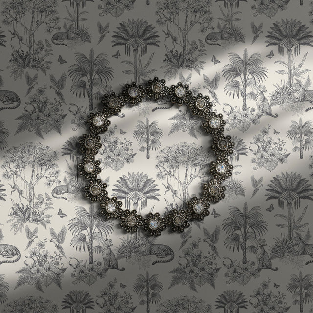 Gray and white tropical toile wallpaper.