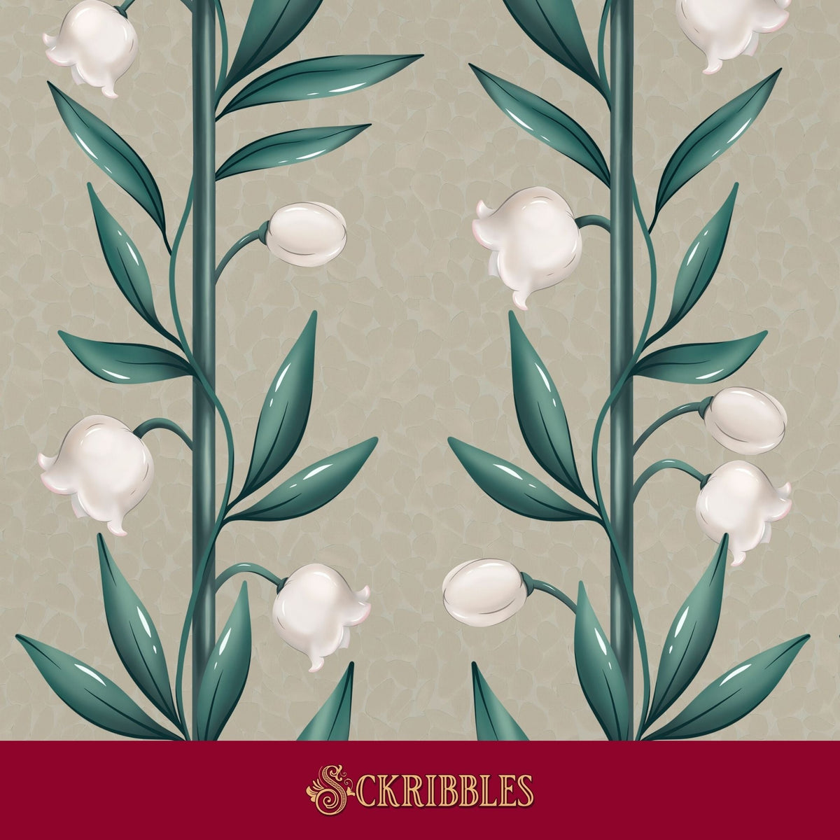 Green striped floral wallpaper.