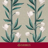 Green striped floral wallpaper.