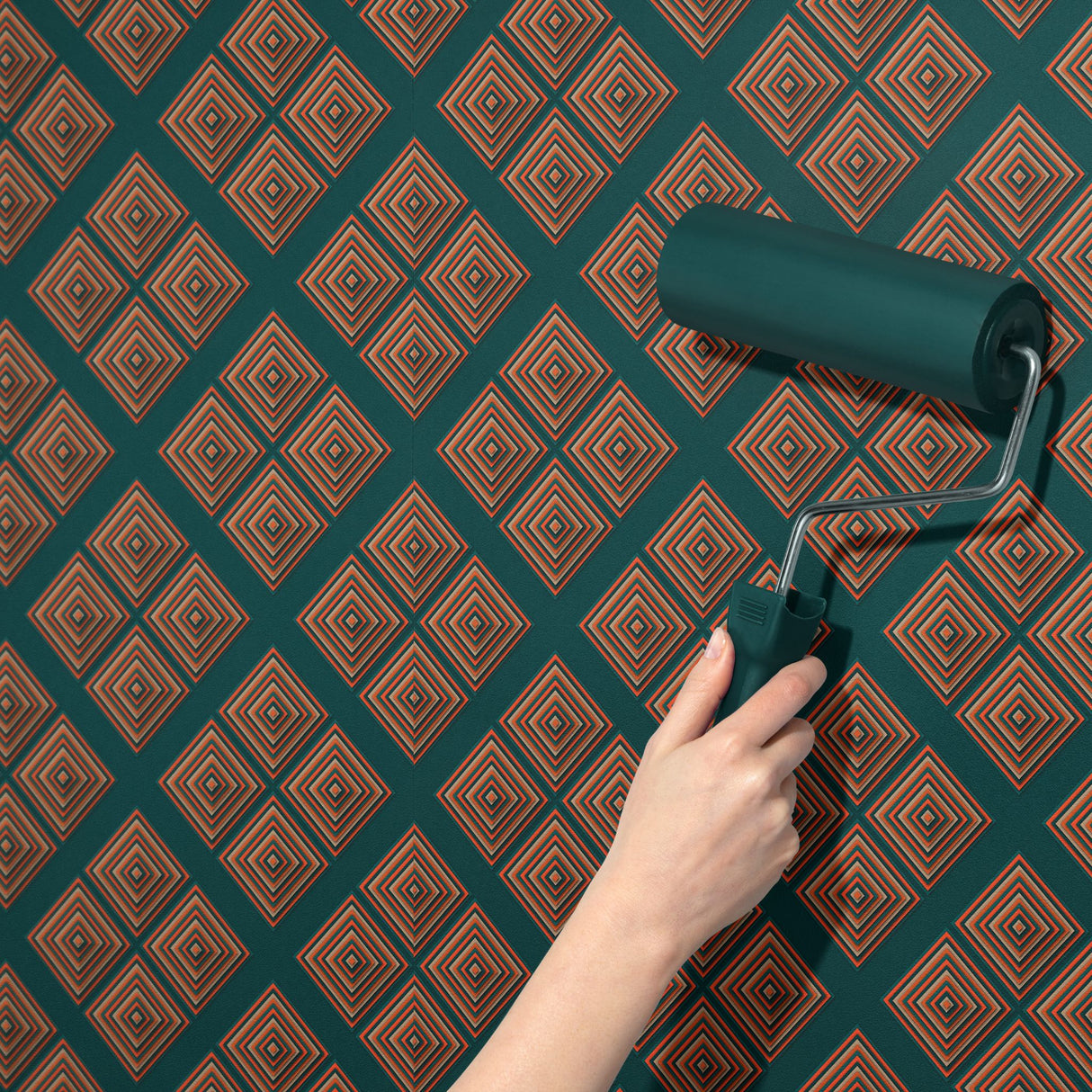 Green & Bright Orange Geometrical Art Deco Wallpaper {Illusory Luxe} Wallpaper Sckribbles   