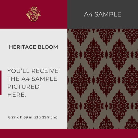 Ornate Grace | Vintage Opulent Regal Victorian Damask Wallpaper Wallpaper Sckribbles Signature - Premium Non-Woven A4 Sample - 8.3 × 11.7 in (21 × 29.7 cm) Heritage Bloom