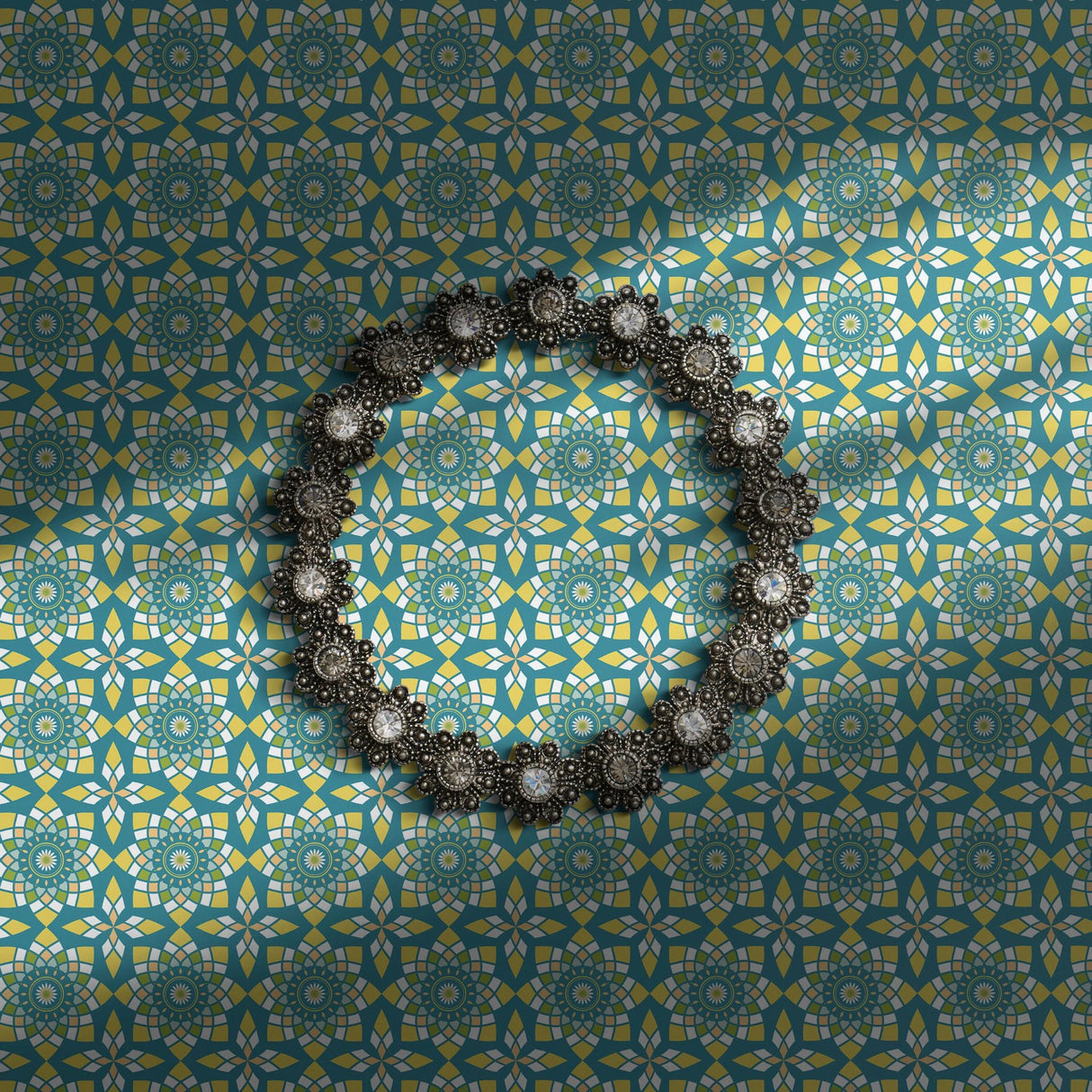 Jade green and yellow prism tiled wallpaper.