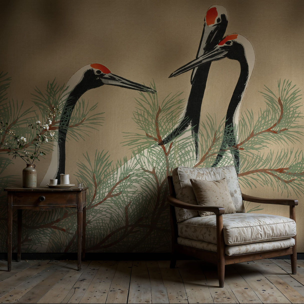 Vintage Traditional Japanese Crane Wallpaper Mural {Tsuru from Momoyogusa} Wallpaper Mural Sckribbles