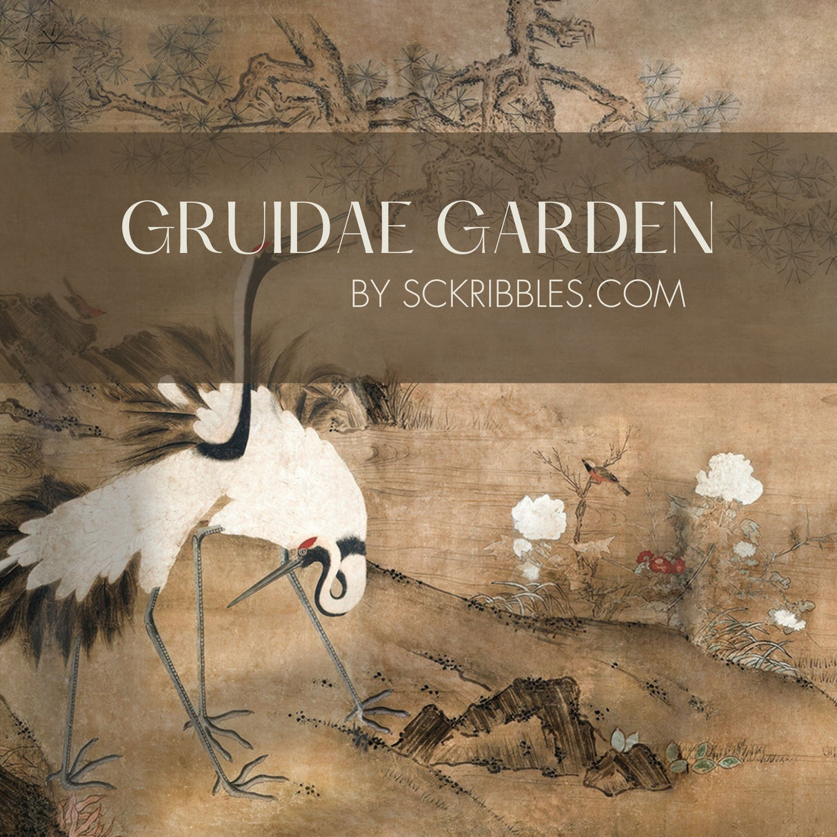 Vintage Antique Japanese Cranes Wallpaper Mural {Gruidae Garden} Wallpaper Mural Sckribbles