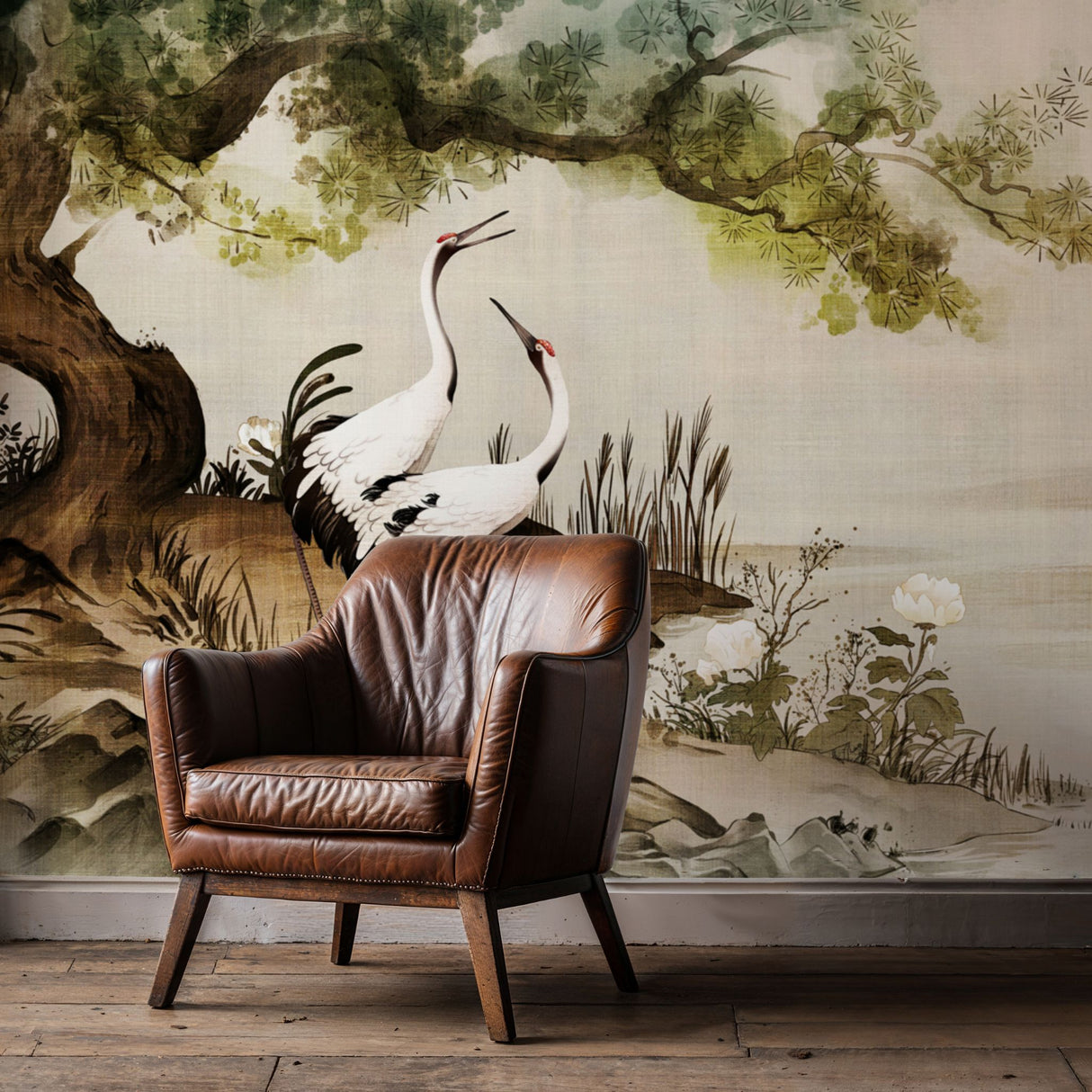 Gentle Cranes | Vintage Japanese Bird Wallpaper Mural Wallpaper Mural Sckribbles