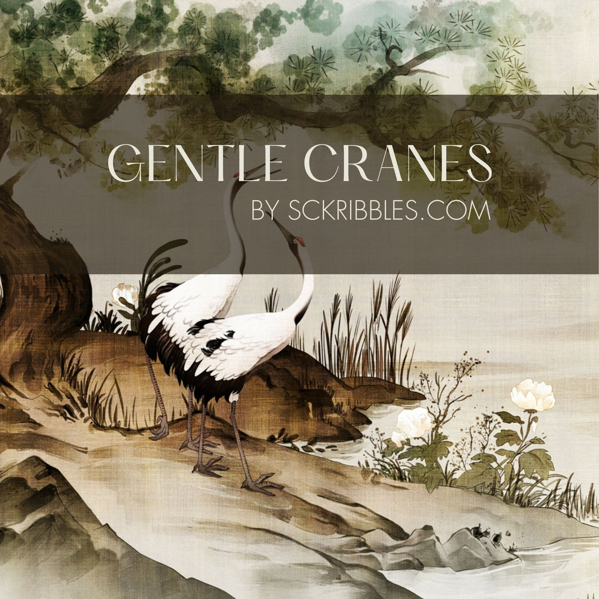 Gentle Cranes | Vintage Japanese Bird Wallpaper Mural Wallpaper Mural Sckribbles