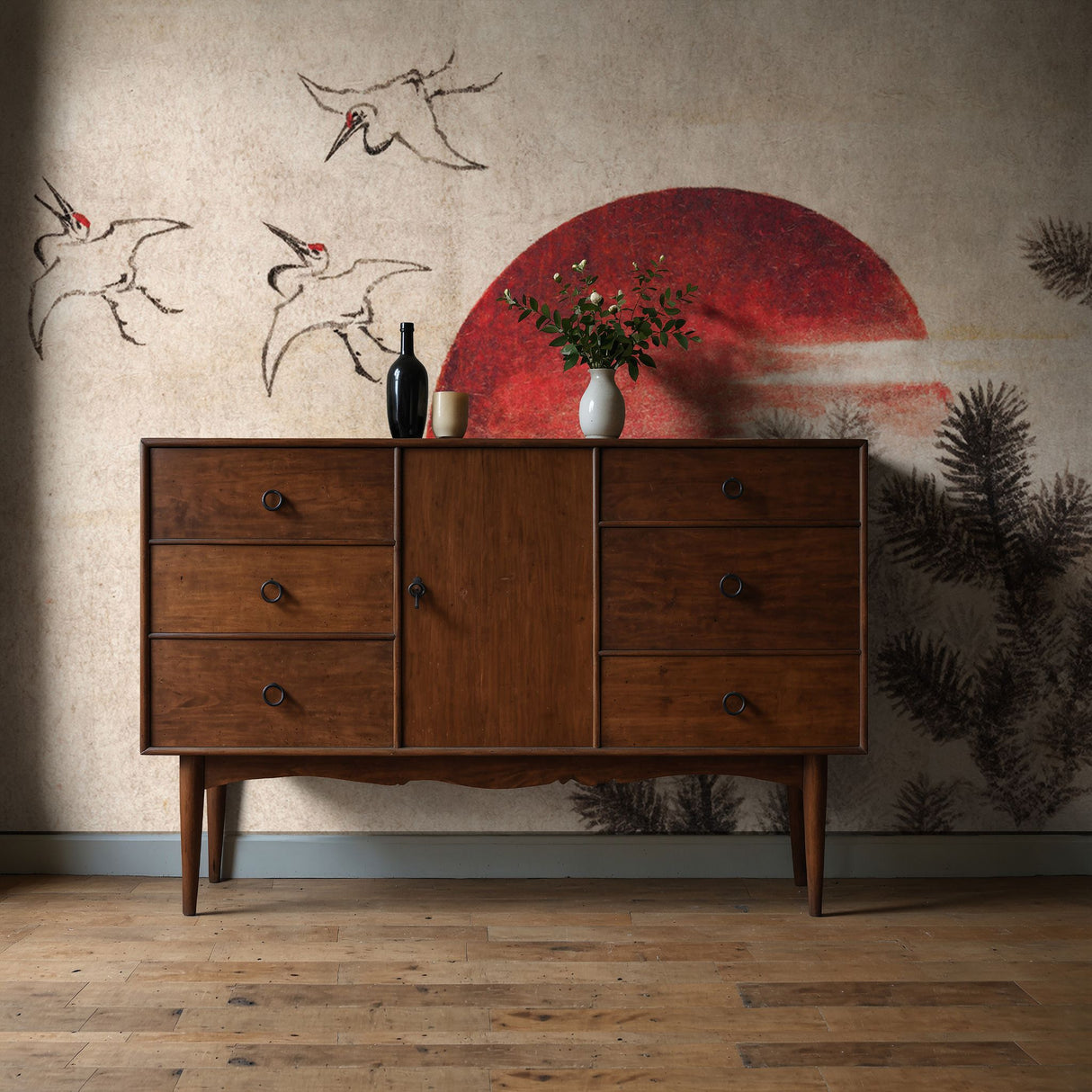 Vintage Red, Black, and Beige Japanese Wallpaper Mural {Birds & Sunset} Wallpaper Mural Sckribbles