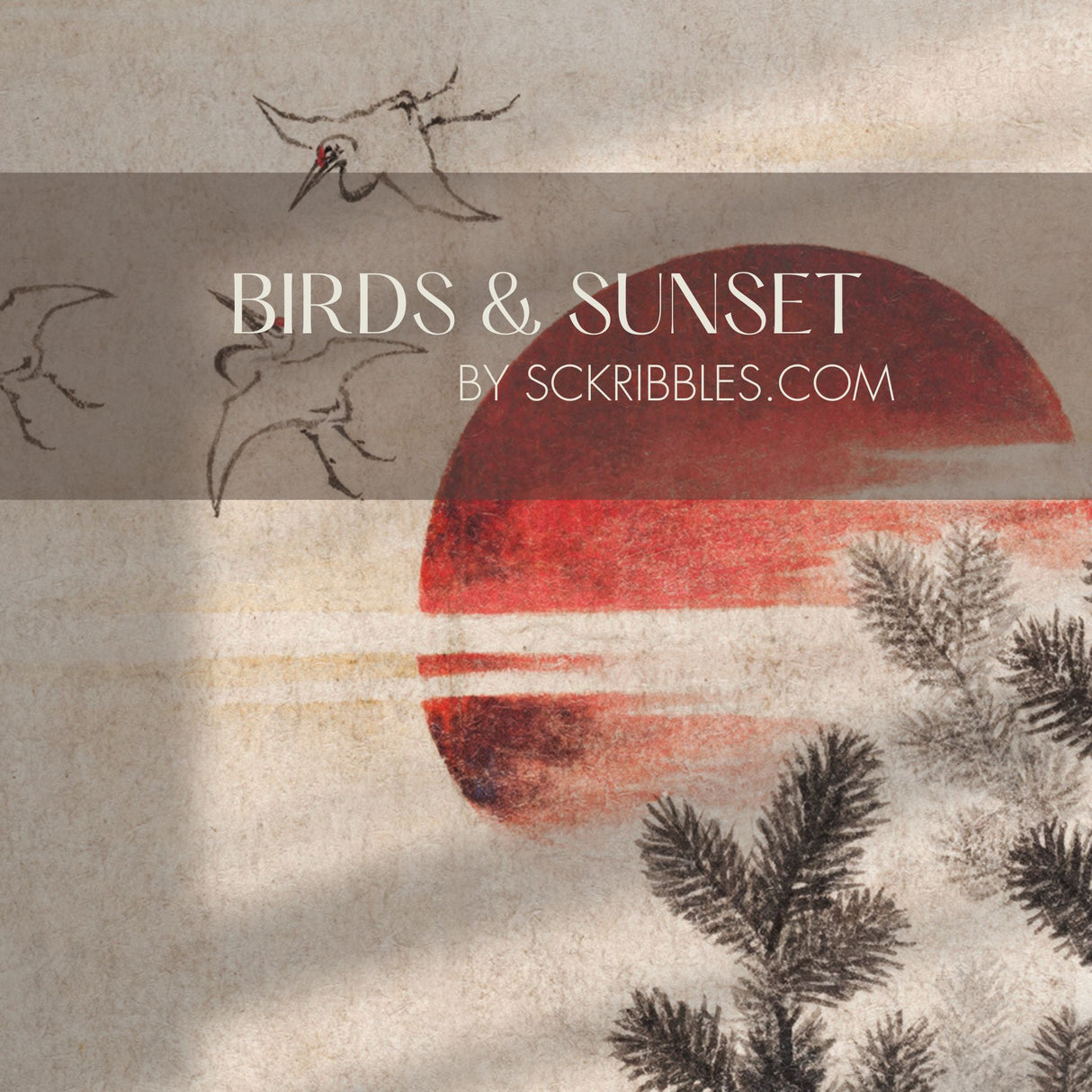 Vintage Red, Black, and Beige Japanese Wallpaper Mural {Birds & Sunset} Wallpaper Mural Sckribbles