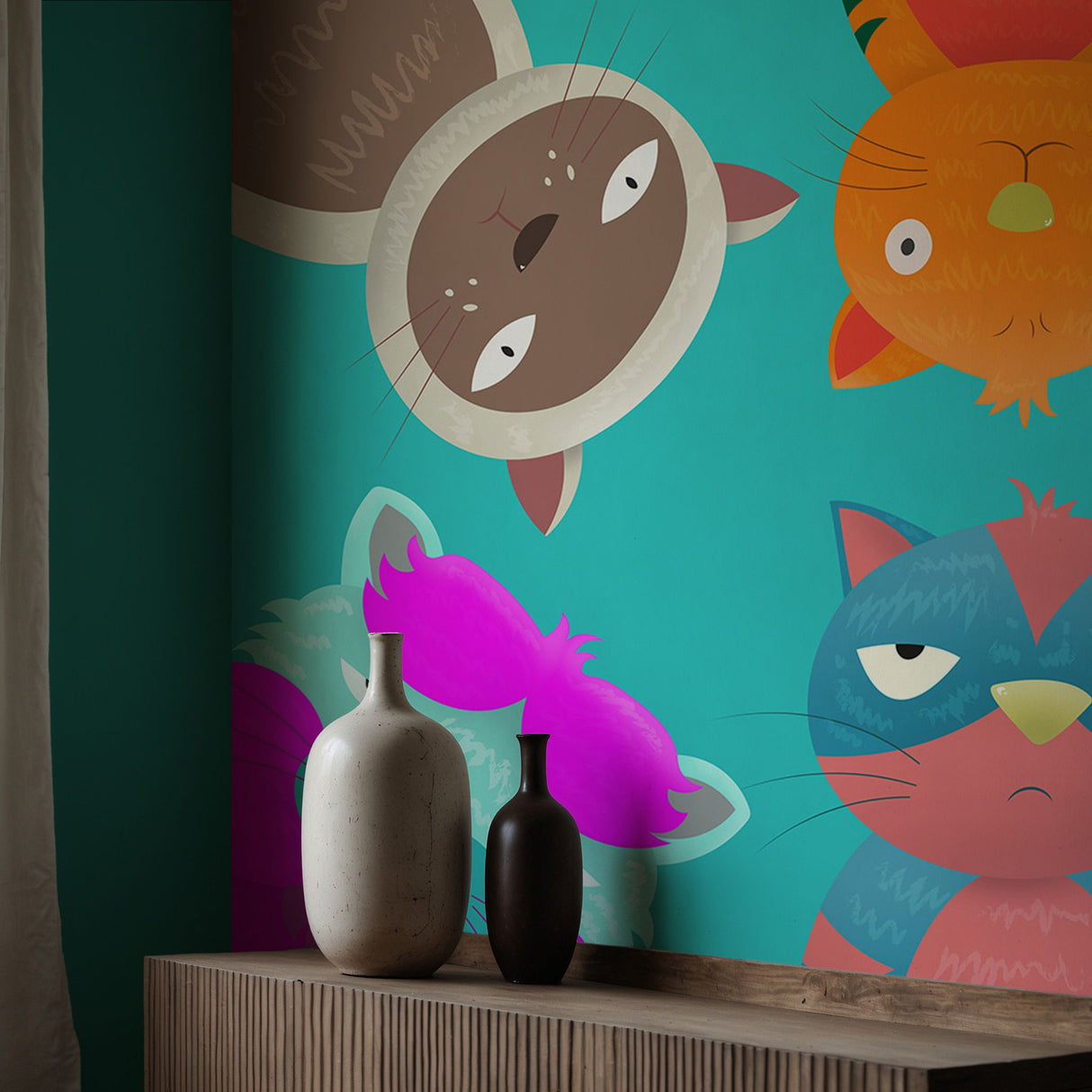 Bright Colorful Fun Cats Wallpaper Mural {Kitty Kaleidoscope} Wallpaper Mural Sckribbles