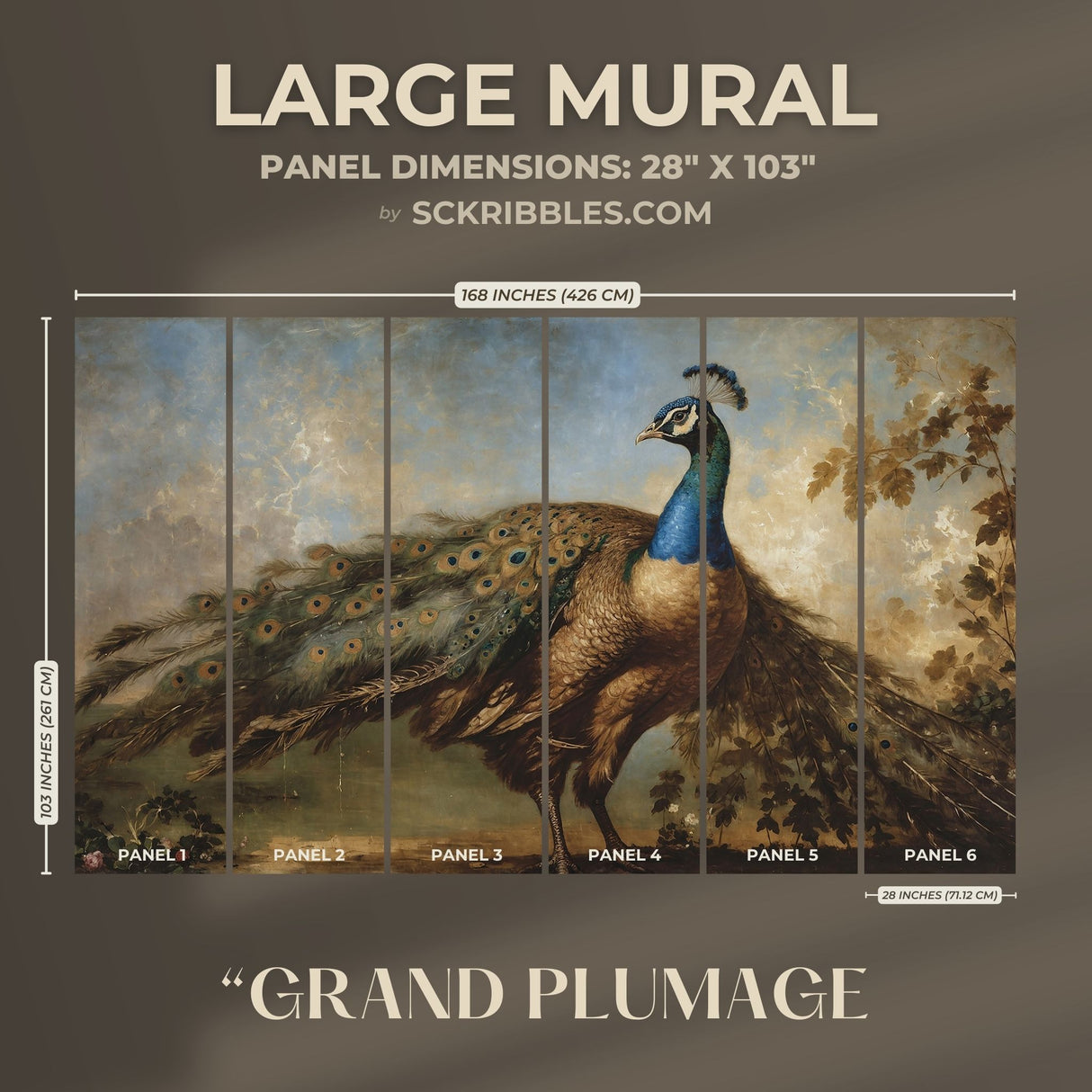 Scenic Peacock Vintage Landscape Wallpaper Mural {Grand Plumage} Wallpaper Sckribbles   