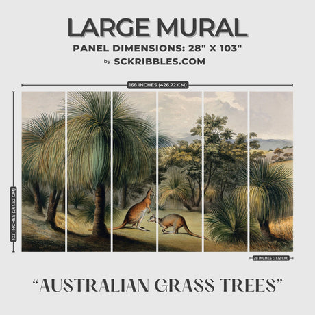 Vintage Scenic Kangaroos Landscape Wallpaper Mural {Australian Grass Trees} Wallpaper Mural Sckribbles Peel & Stick - (Budget) Large Room Mural - Full Set of Sheets (x6 Panels)