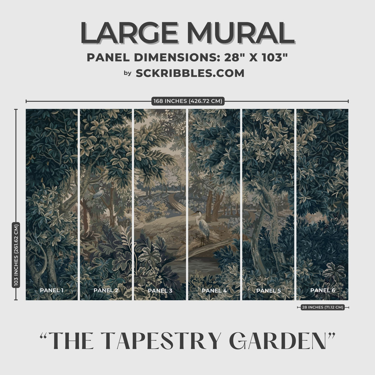 Vintage Scenic Botanical Trees Wallpaper Mural {The Tapestry Garden} Wallpaper Mural Sckribbles Traditional - (Non-Woven) Large Room Mural - Full Set of Sheets (x6 Panels)