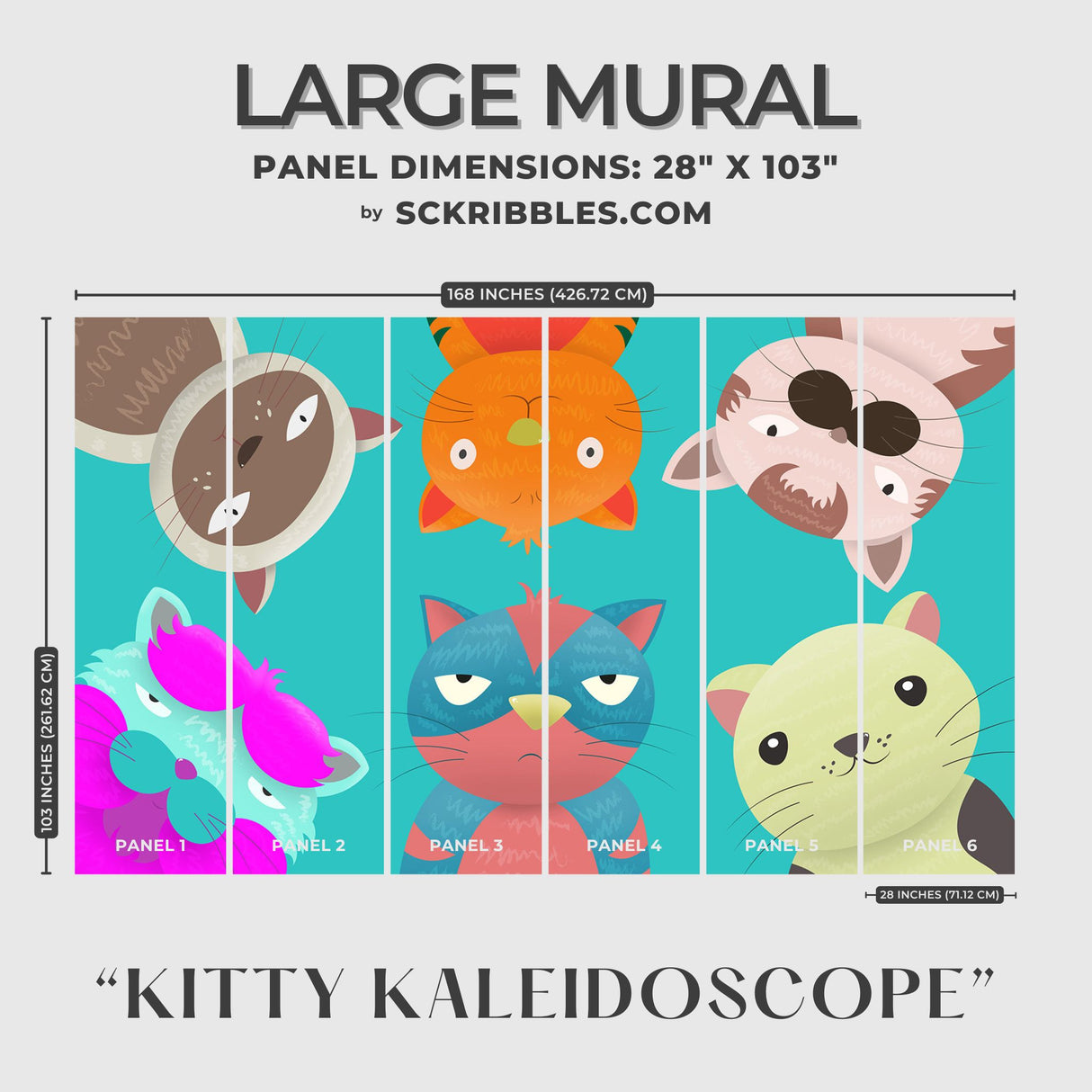 Bright Colorful Fun Cats Wallpaper Mural {Kitty Kaleidoscope} Wallpaper Mural Sckribbles