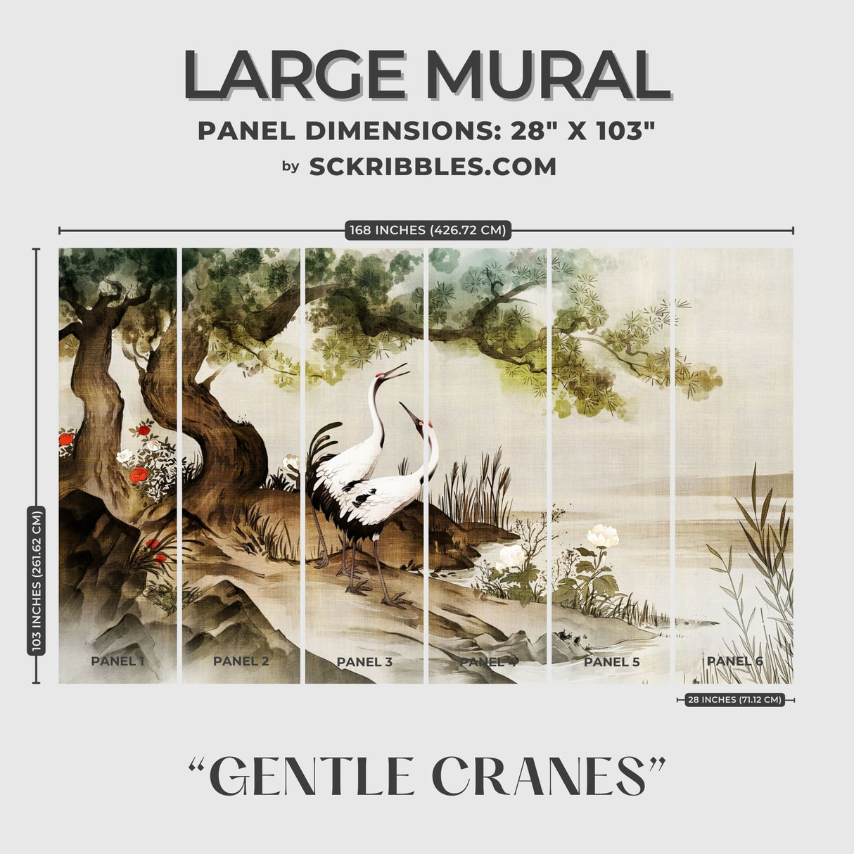 Gentle Cranes | Vintage Japanese Bird Wallpaper Mural Wallpaper Mural Sckribbles Traditional - (Non-Woven) Large Room Mural - Full Set of Sheets (x6 Panels)