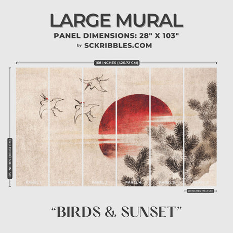 Vintage Red, Black, and Beige Japanese Wallpaper Mural {Birds & Sunset} Wallpaper Mural Sckribbles