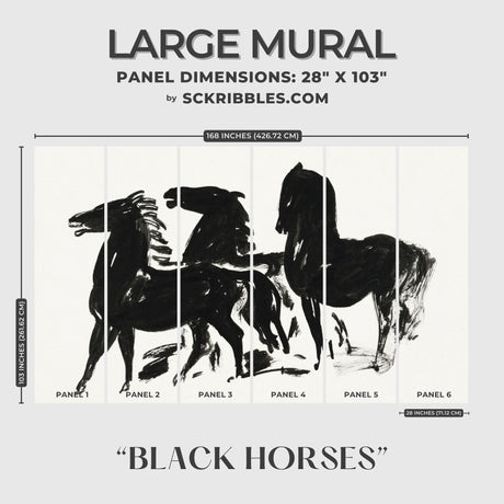 Bold Dramatic Black & White Wallpaper Mural {Black Horses} Wallpaper Mural Sckribbles Peel & Stick - (Budget) Large Room Mural - Full Set of Sheets (x6 Panels)