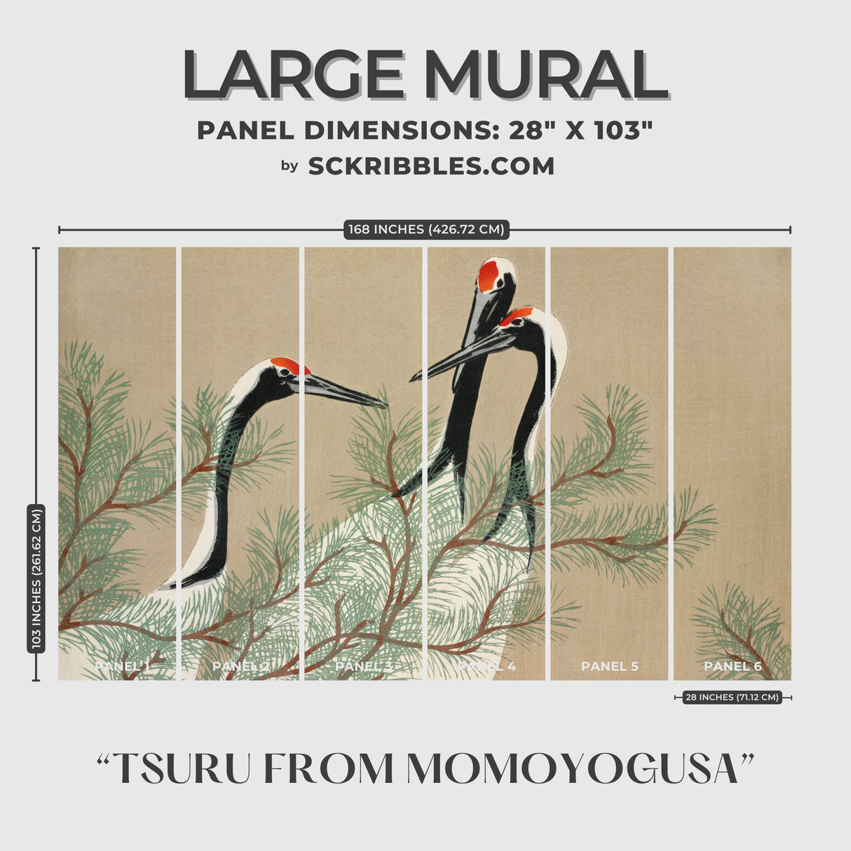 Vintage Traditional Japanese Crane Wallpaper Mural {Tsuru from Momoyogusa} Wallpaper Mural Sckribbles