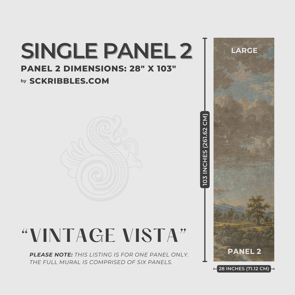 English Scenic Landscape Wallpaper Mural {Vintage Vista} Wallpaper Mural Sckribbles Peel & Stick - (Budget) x1 Sheet for Large Room (Panel 2) - 28" W x 103" H / 71 cm x 261 cm