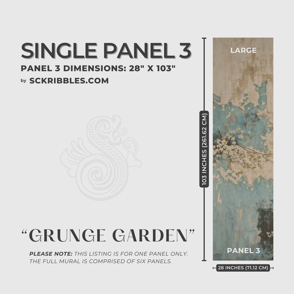Grunge Weathered Rustic Floral Wallpaper Mural {Grunge Garden} Wallpaper Mural Sckribbles Peel & Stick - (Budget) x1 Sheet for Large Room (Panel 3) - 28" W x 103" H / 71 cm x 261 cm