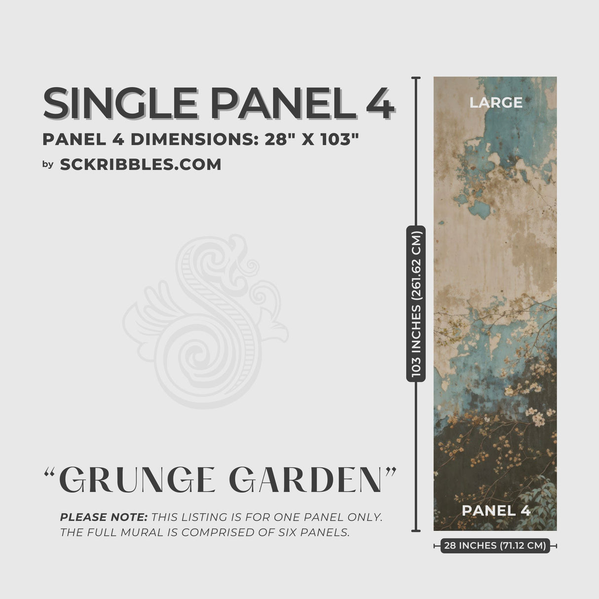 Grunge Weathered Rustic Floral Wallpaper Mural {Grunge Garden} Wallpaper Mural Sckribbles Peel & Stick - (Budget) x1 Sheet for Large Room (Panel 4) - 28" W x 103" H / 71 cm x 261 cm