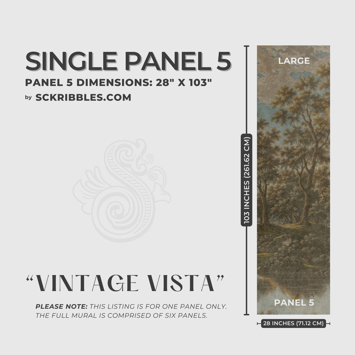 English Scenic Landscape Wallpaper Mural {Vintage Vista} Wallpaper Mural Sckribbles Peel & Stick - (Budget) x1 Sheet for Large Room (Panel 5) - 28" W x 103" H / 71 cm x 261 cm