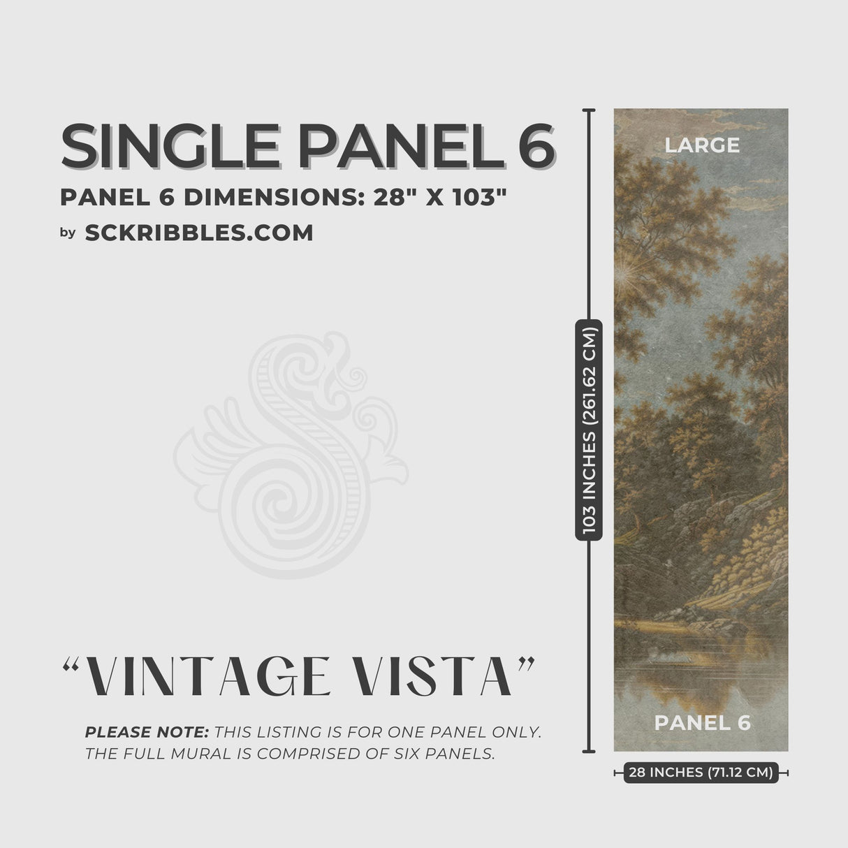 English Scenic Landscape Wallpaper Mural {Vintage Vista} Wallpaper Mural Sckribbles Peel & Stick - (Budget) x1 Sheet for Large Room (Panel 6) - 28" W x 103" H / 71 cm x 261 cm