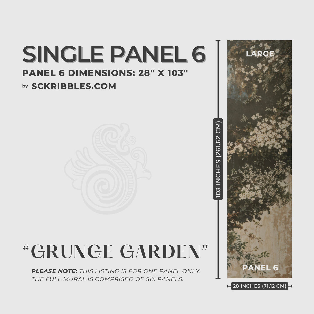 Grunge Weathered Rustic Floral Wallpaper Mural {Grunge Garden} Wallpaper Mural Sckribbles Peel & Stick - (Budget) x1 Sheet for Large Room (Panel 6) - 28" W x 103" H / 71 cm x 261 cm