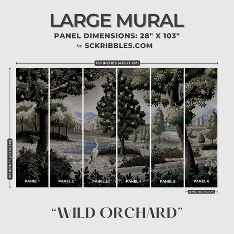 Moody Scenic Fruit Trees Landscape Wallpaper Mural {Wild Orchard} Wallpaper Mural Sckribbles Peel & Stick - (Budget) Large Room Mural - Full Set of Sheets (x6 Panels)