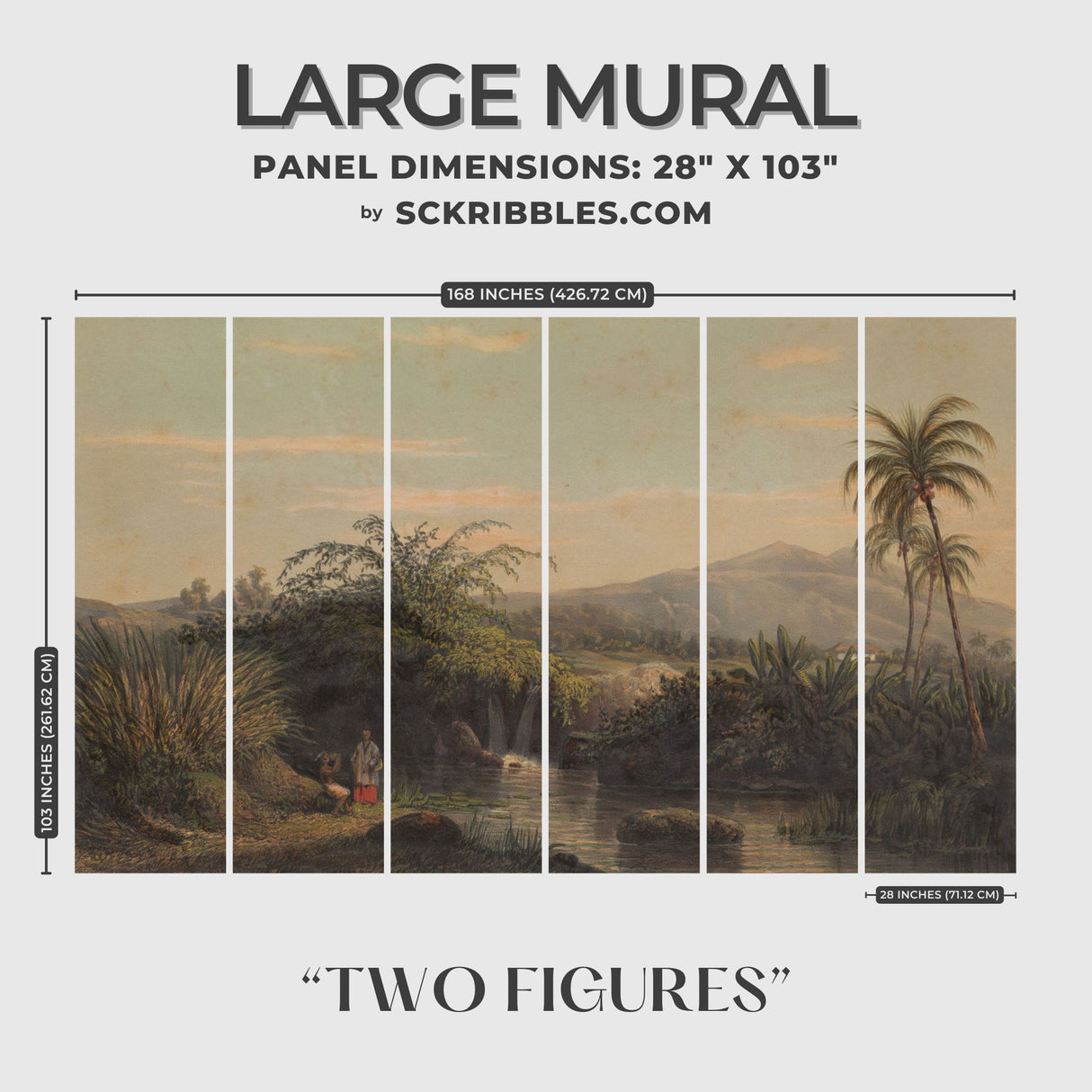 Vintage Scenic Coconut Trees Landscape Wallpaper Mural {Two Figures} Wallpaper Mural Sckribbles Peel & Stick - (Budget) Large Room Mural - Full Set of Sheets (x6 Panels)